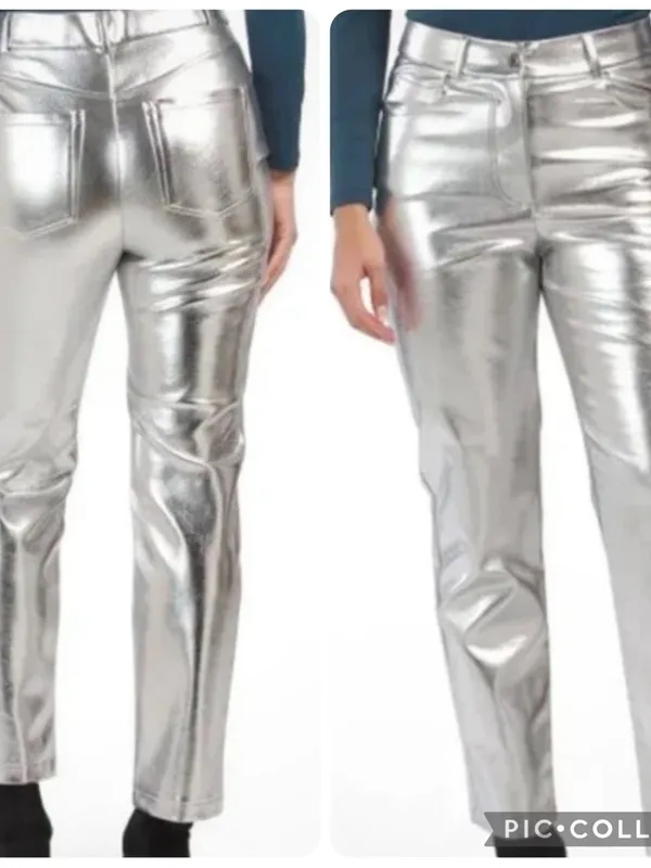 7 For All Mankind Silver Metallic Coated Straight‎ Leg Pants Size Medium NWT - Image 8