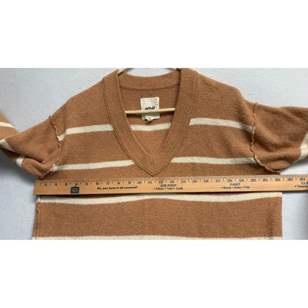 Aerie Striped V-Neck Sweater Brown White Oversized Knit XS - Image 7