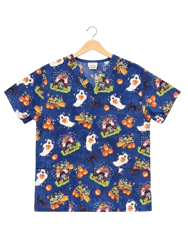 Vintage 90’s Halloween Scrub Top Small Haunted House Ghost Pumpkin Witch V-Neck - Image 2