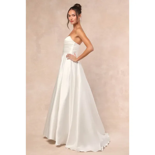 Lulus Khalida White Satin Pleated Strapless Gown Wedding Formal A Line Small NWT - Image 3