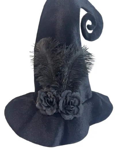Black Decorative Witch Hat with Feather & Rose Accents - Image 2