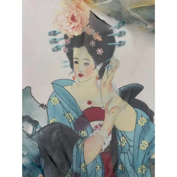 Silk Blend Scarf Asian Geisha Floral Print 66 x 19 Rectangle Art‎ Wall Decor - Image 8