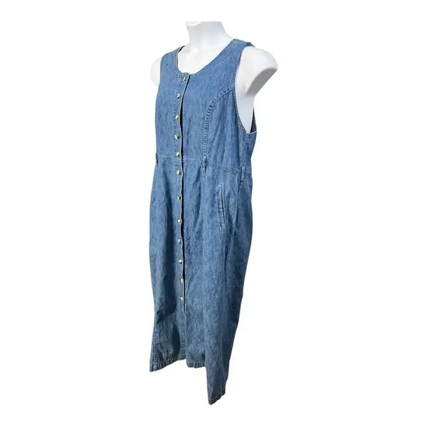 90s Christopher & Banks Blue Denim Midi Dress Sleeveless Size XL Cotton Button - Image 4