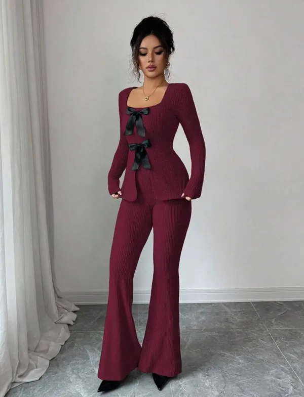 SheIn Burgundy 2 Piece Ribbed Bow Lounge Set - Image 2
