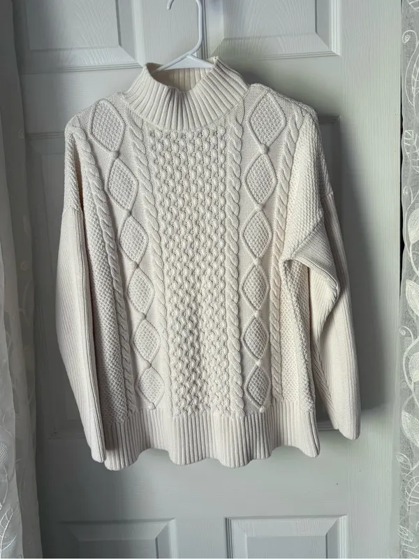 J. Crew Cotton Cable Knit Mock Neck Pullover Cozy Preppy Turtleneck Sweater sz M - Image 2