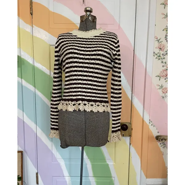 Bohme NWT Striped Crochet Trim Sweater Womens Medium Brown Cream - Image 6