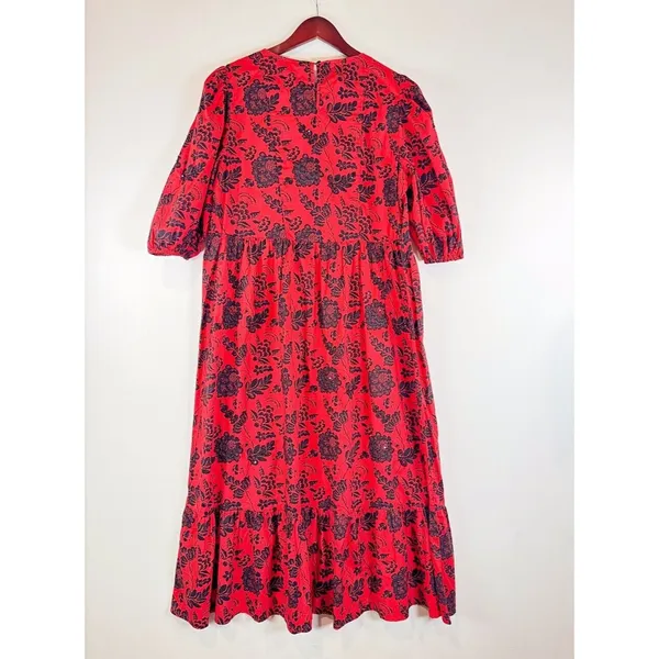 ZARA Womens Dress Red Midi Floral Shift Sequin Tiered 3/4 Sleeve Boho Medium - Image 2