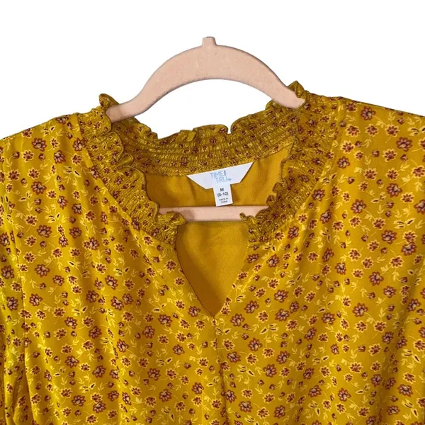 NWT‎ Time & Tru Mustard Yellow Floral Midi Dress Smocked Waist Long Sleeve Dress - Image 2