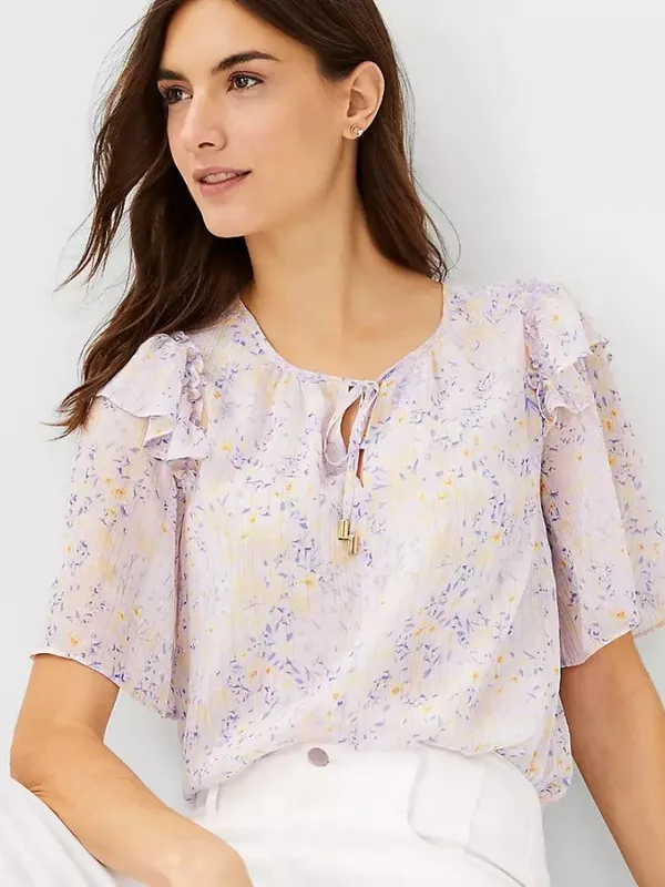 NWT Ann Taylor Size Medium Floral Flutter Sleeve Subtle Metallic Blouse NEW - Image 3
