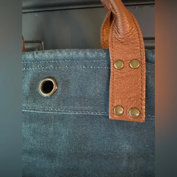 Levenger Bloomsbury Blue Canvas Bag with Brown Leather Accents - Image 7