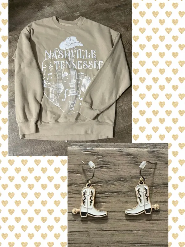 Women’s Nashville Tennessee Sweatshirt - Lucky Brand cowboy boots earrings - Image 2