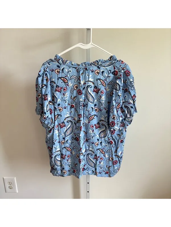 Loft EUC Women's Blue Floral Paisley V-Neck Front Tie Blouse Size L - Image 6
