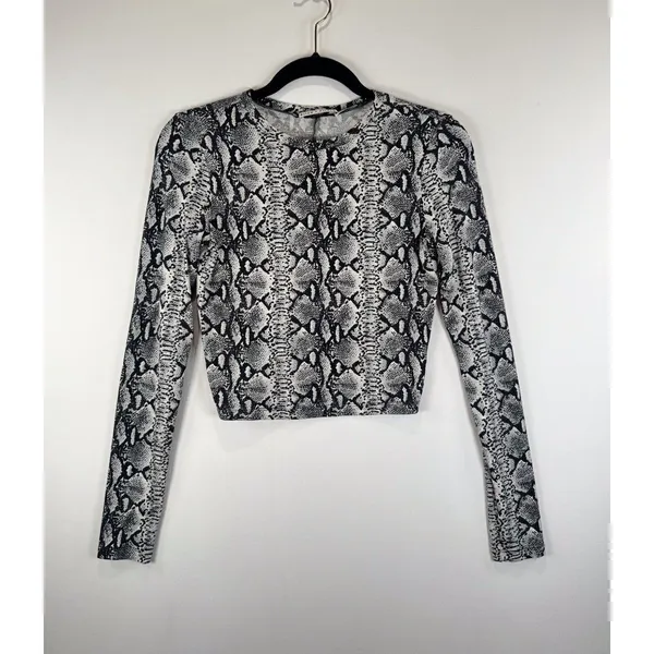 Alice + Olivia Womens Top Gray Delaina Snakeskin Print Cropped Long Sleeve XS - Image 5