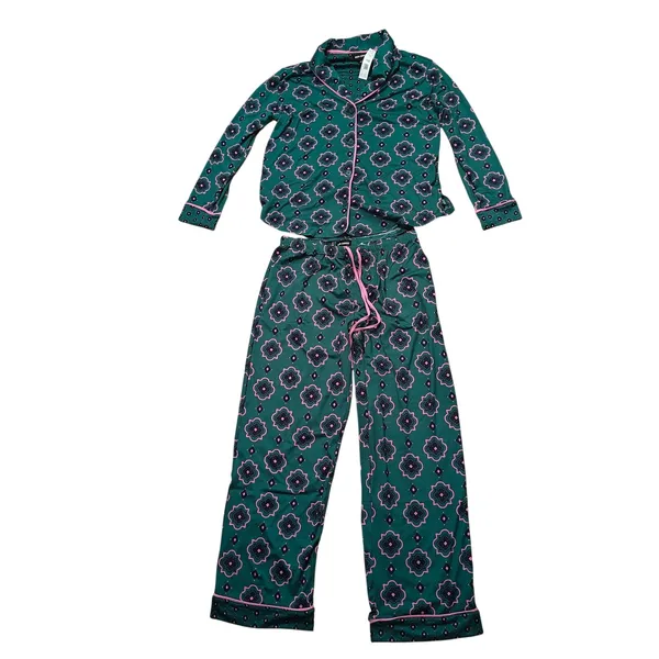 Room Service Shawl Collar Pajama Set Green Geo Womens Medium - Image 2