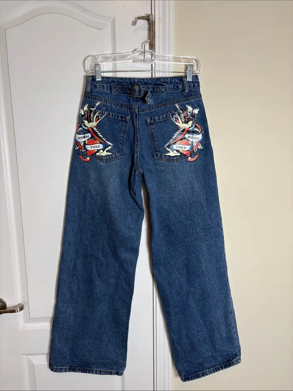 Ed Hardy Women’s 26 Brave Eagle Wide Leg Grunge Y2K Blue Denim Jeans - Image 7