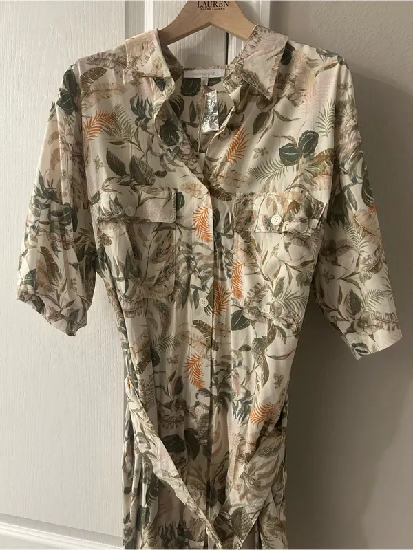 Olivaceous Cream Tropical Print Shirt Dress with Green and Tan Leaves - Image 2