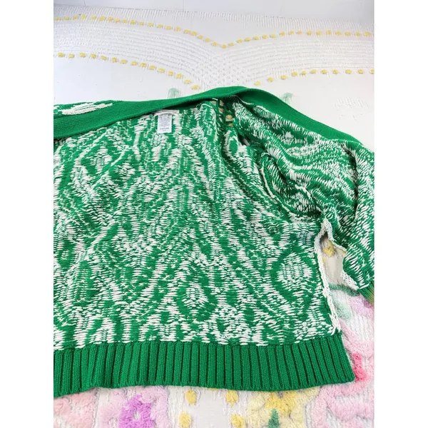 Anthropologie Maeve Green White Ikat Intarsia Knit Lattice Sleeve‎ Cardigan S - Image 4
