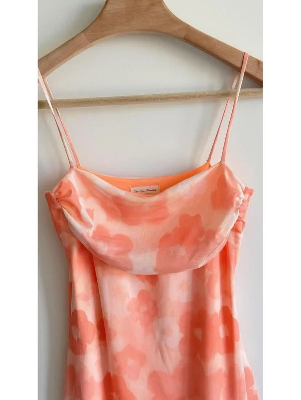 See You Monday Floral Mesh Cowl Neck Mini Dress Pink Orange Size M - Image 7
