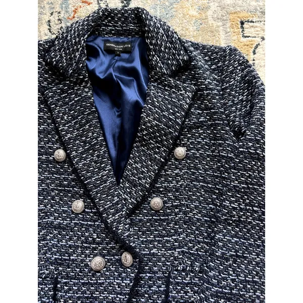 Generation Love Eliza Tweed Blazer Jacket in Navy Blue Melange Size S - Image 4