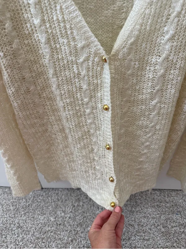 Belldini Open Knit Cable Cardigan Sweater V-Neck Gold Button Cream Ivory - Image 2