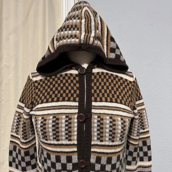 Vans Rare Retro Hooded Cardigan Sweater Brown Checkerboard Geometric Knit Size M - Image 5