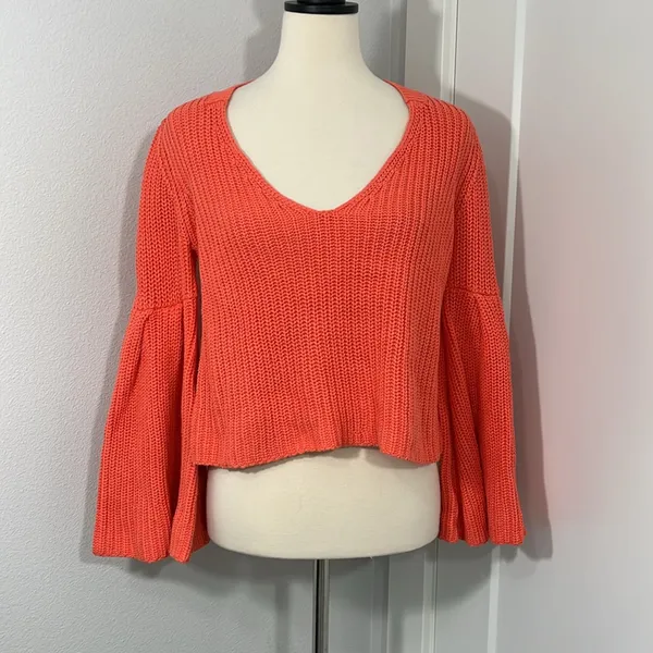 Free People XS Orange Damsel Cropped Bell Sleeve V-Neck Sweater - Image 4