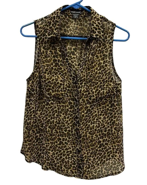 Wet Seal Animal Print Button Up Sleeveless Semi Sheer Pocket Blouse Top Womens L - Image 4