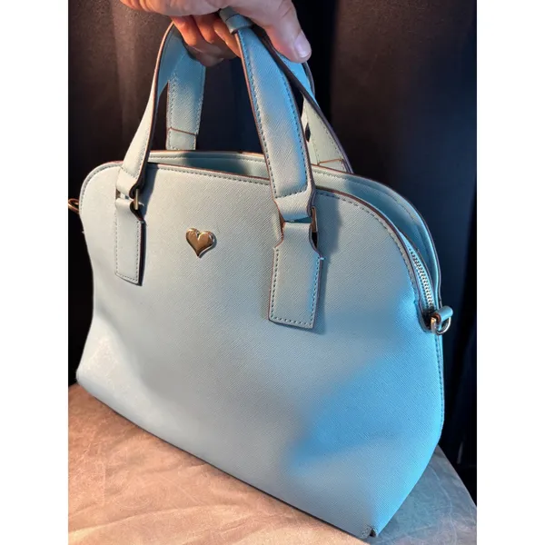 Blue Saffiano Dome Satchel Bag with Gold Heart Detail and Striped Lining - Image 8