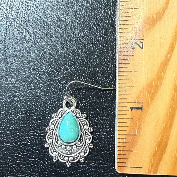 Earrings Boho Dangle Drop Silver Tone With Faux Turquoise New - Image 4