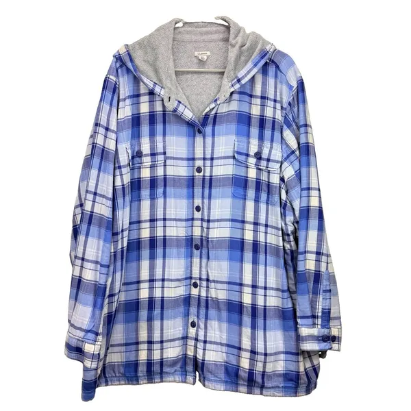 LL Bean Blue Plaid Sherpa Lined Flannel Hoodie Shirt Jacket Shacket Pockets 3X - Image 2