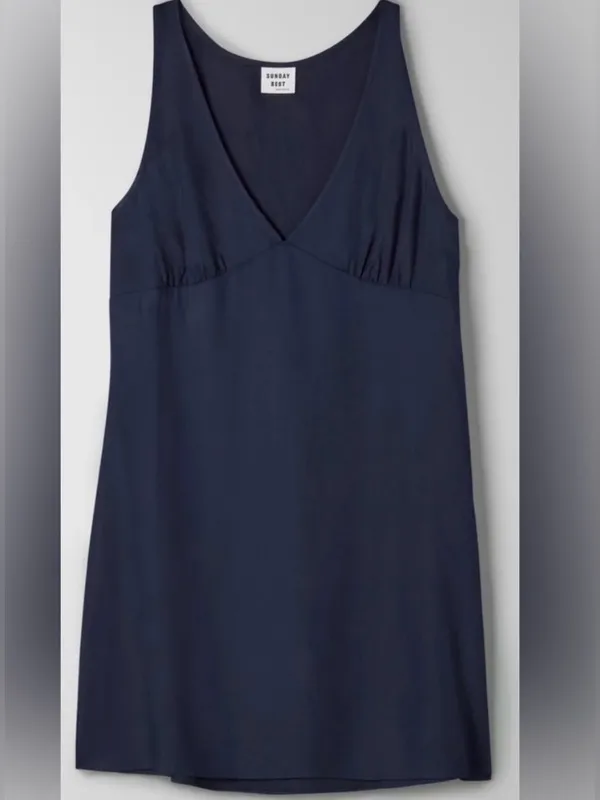 Aritzia Sunday Best Theo Dress Navy Blue V-Neck Mini Fit & Flare Dress Medium - Image 3