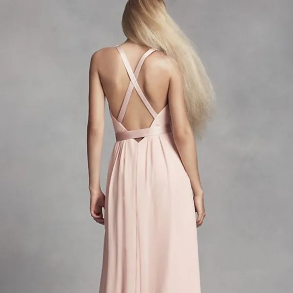 White by Vera Wang Cream Chiffon V Neck Cross Back Full Length Gown Size 4 - Image 3