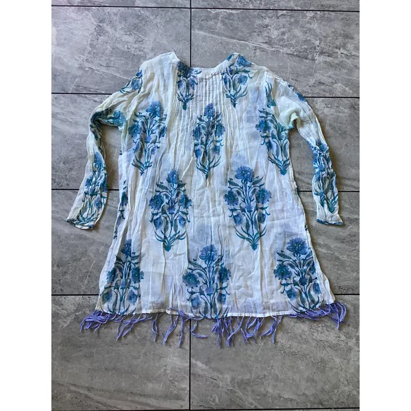 Roller Rabbit Blue Floral Block Print Cotton Tunic Top Tassels Womens Medium - Image 6