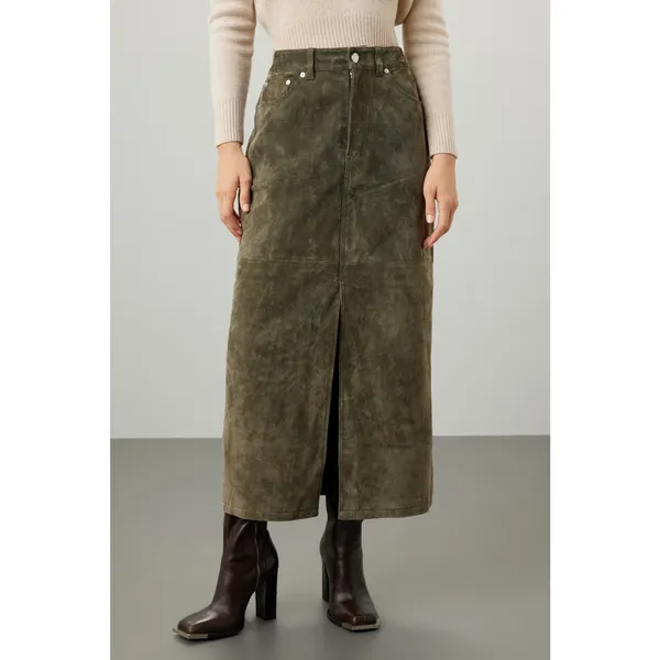 BlankNYC Hunter Green Retro Suede Leather Front Slit Pencil Midi Skirt Size 29 - Image 3