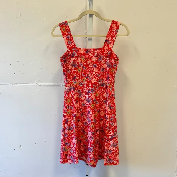 SO Red Floral Square Neck Mini Dress XS Sleeveless Fit & Flare Summer Boho Soft - Image 2