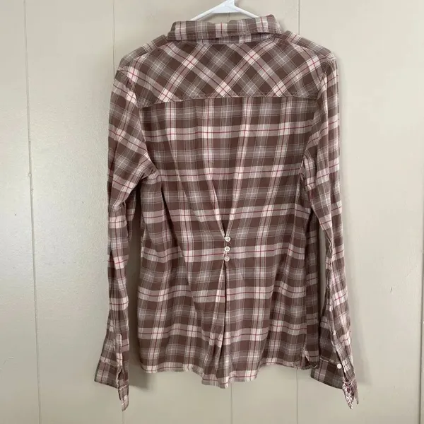Aéropostale Plaid Button Down Shirt Brown Pink Flannel Top Women’s XL 100% Cotto - Image 2