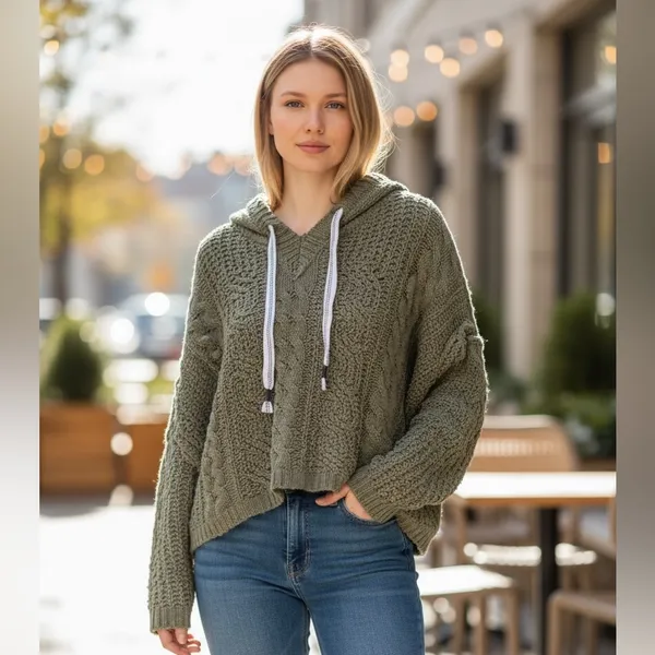 Pol Oversize Olive Green Chunky Knit Olive Sweater with Hoodie and Ties. Nubby - Image 10
