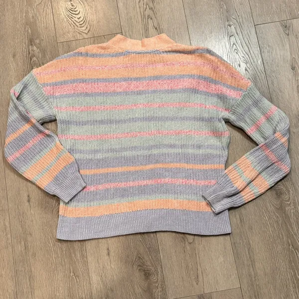 Christopher & Banks Cardigan‎ Large L Button Sweater Pastel Stripes Pink Blue - Image 3