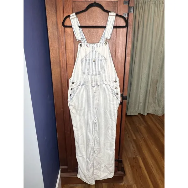 Faherty Topsail Railroad Stripe Overalls Utility Denim Blue White Herringbone S - Image 3