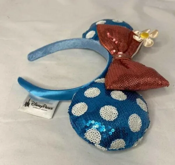 Disney Parks Blue White Polka Dot Sequin Minnie Ears Headband Flower Mickey Cute - Image 2