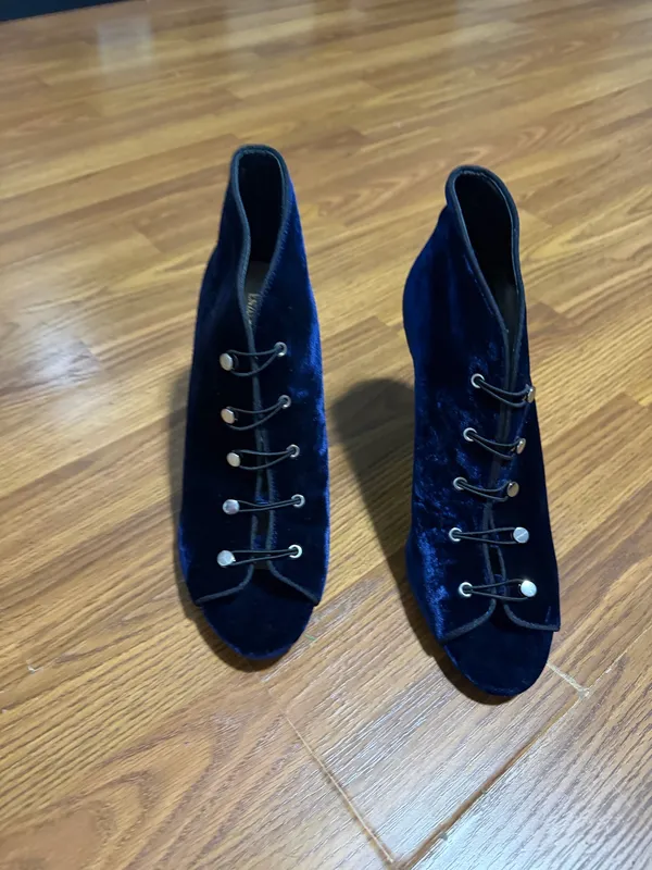 Enzo Angiolini Franses blue velvet peep toe strappy ankle booties stiletto heel size 10 - Image 2