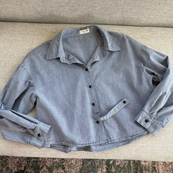 Kou Yuan Striped Button Down Shirt M Blue Pinstripe Cropped Academia Preppy Fall - Image 2