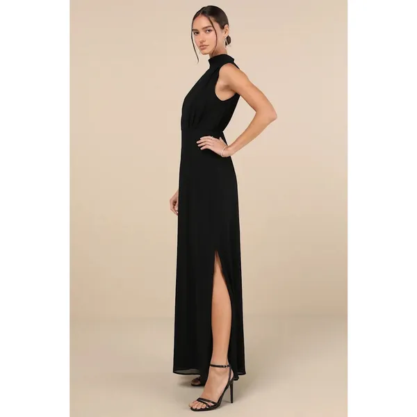Lulus Classic Elegance Black Chiffon Sleeveless Mock Neck Maxi Dress Size XL - Image 3