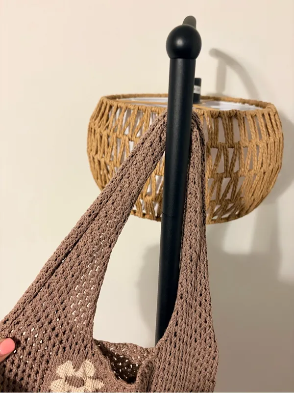 Brown Crochet Shoulder Bag with Cream Floral Details - Image 2