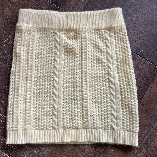 Cider Yellow Cable Knit Two‎ Piece Set Ruffle Crop Top and Mini Skirt Medium - Image 2
