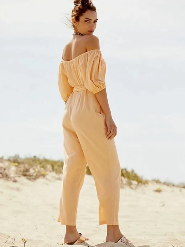 Free People Peach Off-Shoulder Tie-Waist Jumpsuit - Image 2