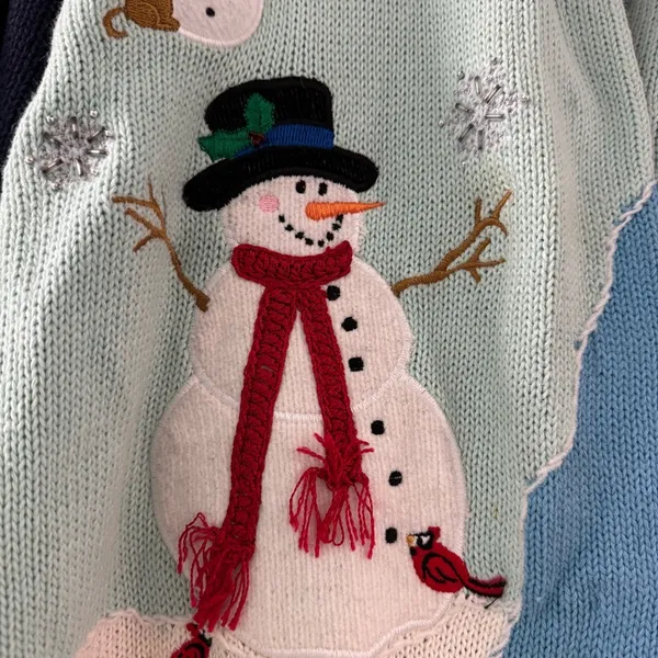 Quacker Factory Snowman Winter Cardigan Sweater‎ Appliqué Beads Colorful Large - Image 4