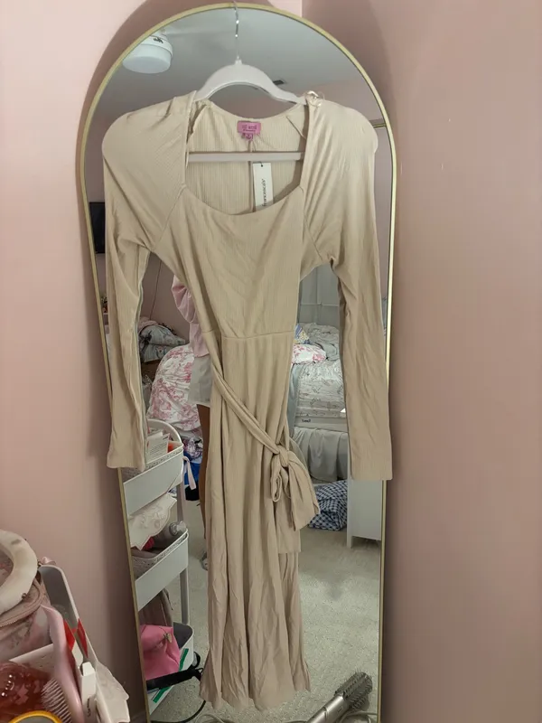 Francesca's Tan Tie Front Ribbed Midi Dress - Image 2