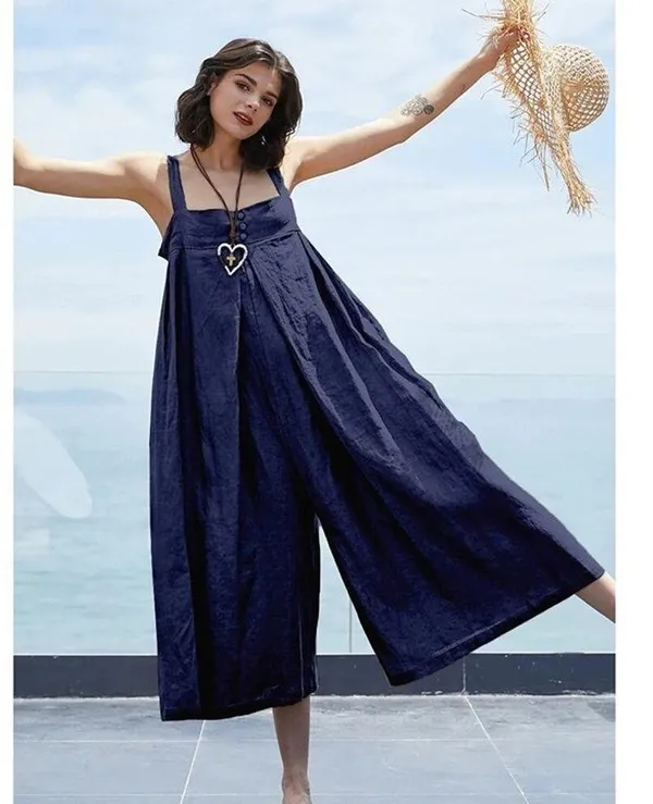 NEW Oversized Cotton Sleeveless Cotton Jumpsuit Adjustable Straps M Navy Blue - Image 11