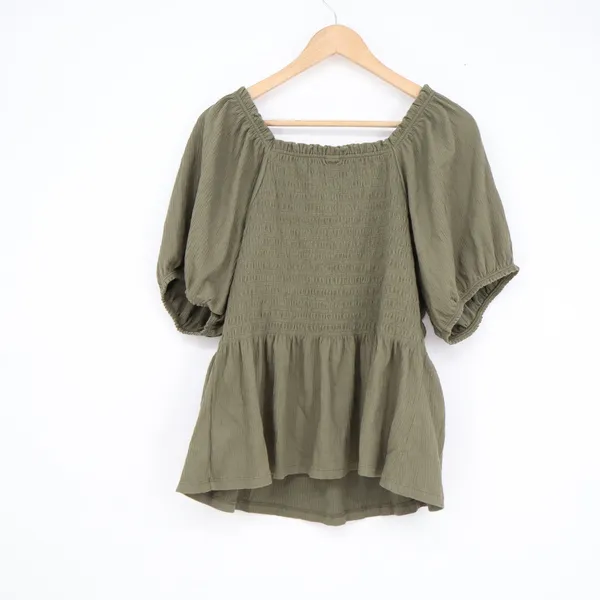 Old Navy Womens XL Olive Green Smocked Puff Sleeve Peplum Square Neck Blouse Top - Image 5